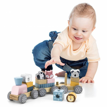 Viga Drewniana Kolejka z wagonikami i zwierzątkami do ciągnięcia PolarB Montessori 44015